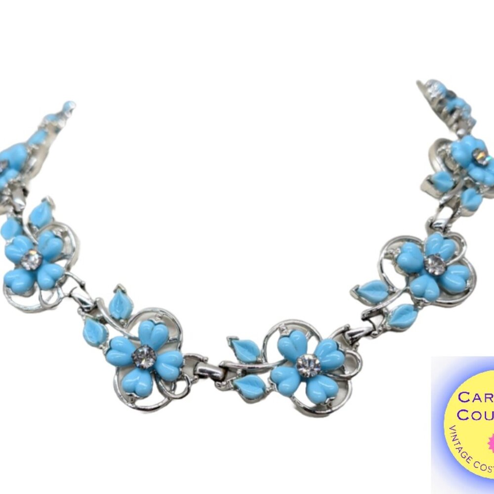 Vintage Signed Kramer Blue Flowers Rhinestone Runway Couture Necklace Vogue 1955